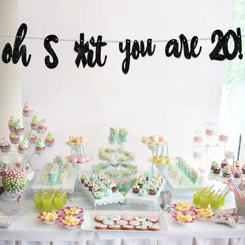Miniatura 6 de Oh S*ht You are 20! - Pancarta de fondo con purpurina negra con texto en inglés "Hello 20 Cheers to 20 Years " Decoración temática para niños