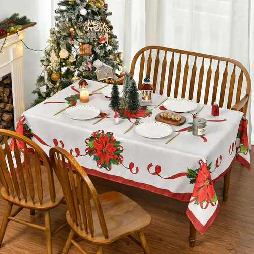 Horaldaily Mantel de Navidad de 52 x 70 pulgadas, cinta de seda de flor de pascua, color rojo, lavable, para fiesta, pícnic, decoración de cena