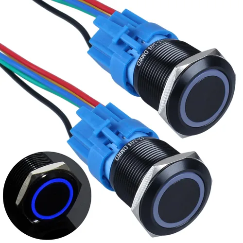 Miniatura 12 de 2 interruptores de botón de bloqueo de 0.748 in de 12 V-24 V, anillo de CC LED 1NO 1NC impermeable botón de metal negro encendido apagado