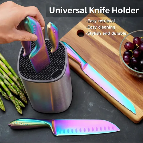 Miniatura 6 de WELLSTAR Rainbow - Juego de 7 cuchillos de cocina de acero inoxidable de alto carbono iridiscentes alemanes con bloque universal de cuchillos, Juego