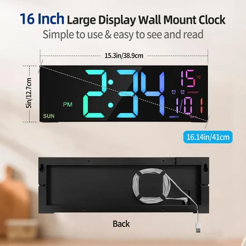 Miniatura 5 de LEIKE Reloj de pared digital grande de 16.2 pulgadas con control remoto, LED grande, alarma dual, 8 colores RGB, brillo automático, fecha, DST Negro