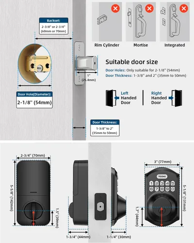 Miniatura 6 de TEEHO TE001 Cerradura de puerta de entrada sin llave con teclado - Cerradura de pestillo inteligente para puerta principal con 2 llaves - Bloqueo