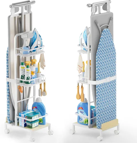 Miniatura 10 de Soporte para tabla de planchar, soporte para plancha y tabla de planchar sin montaje en la pared, carrito de organización y almacenamiento