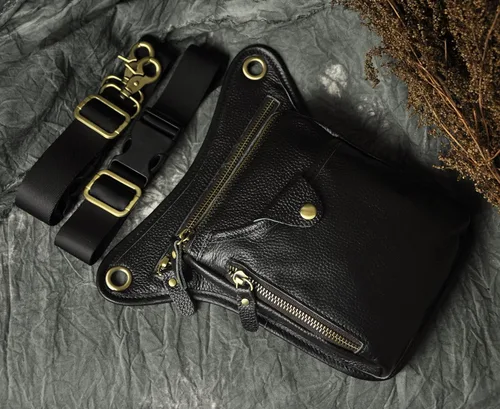 Miniatura 5 de Le'aokuu - Bolso de pierna para moto, de cuero genuino, para hombre, bolso tipo mensajero a la cintura), 211-5