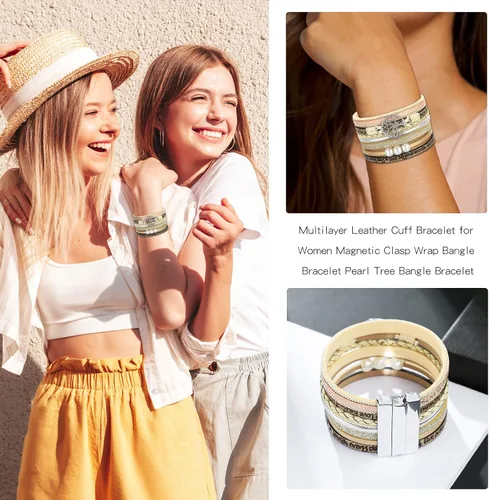 Miniatura 3 de Pulsera envolvente de cuero turquesa, pulseras de cuentas en capas para mujer, pulseras de plumas multicapa, pulsera bohemia occidental para mujer