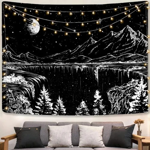 Zussun Tapiz blanco y negro con noche estrellada, tapices de montaña para dormitorio, estética de luna y estrellas, tapiz para colgar en la pared,