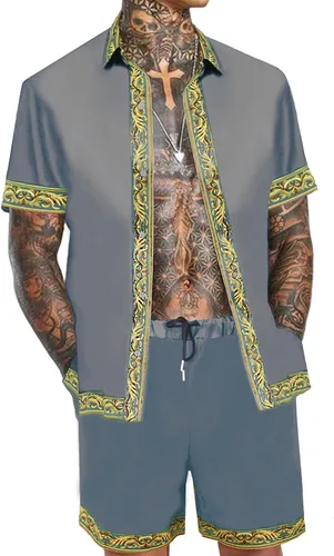 OYOZONE Conjunto de camisa hawaiana y pantalón corto para hombre, conjunto de 2 piezas, estampado de lujo, casual, con botones, manga corta, camisa