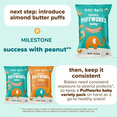 Miniatura 7 de Puffworks Baby Organic Peanut Butter Puffs, perfecto para la introducción temprana del maní, proteína a base de plantas, USDA orgánico, sin gluten