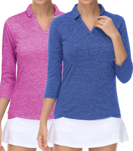 TrendiMax Paquete de 2 camisetas polo de golf de manga 34 para mujer, cuello en V, absorbe la humedad, camisetas deportivas para entrenamiento
