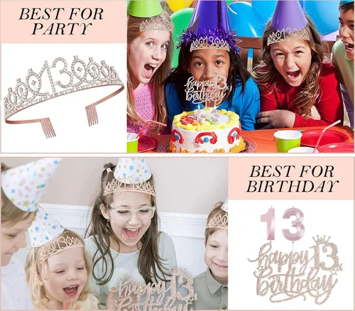 Miniatura 6 de Decoraciones de cumpleaños de 13 años para niñas, que incluyen adornos para pastel de cumpleaños de 13 años, banda de reina con alfiler de perla