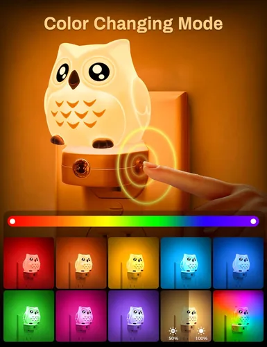 Miniatura 2 de Luces nocturnas de búho enchufables a la pared, bonita luz nocturna para niños, luz nocturna LED de 8 colores con sensor de atardecer a amanecer