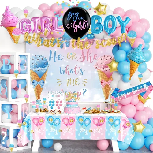 Miniatura 12 de Hombae - 170 piezas de decoraciones para revelación de género “cajas de bebé”, con fondo, guirnalda de globos, pancarta, mantel