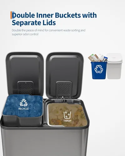 Miniatura 4 de GarveeHome 2 botes de basura dobles de acero inoxidable de 8 galones con tapa para cocina, combo grande de bote de basura dual y contenedor de Plata