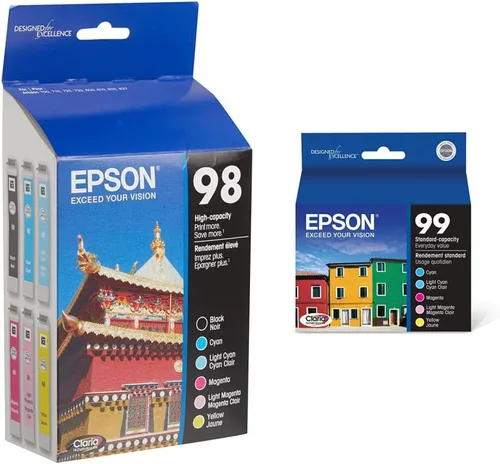 Epson 98 negro y color C/M/Y/LC/LM - Cartuchos de tinta, T098120-BCS y T099 Claria tinta de alta definición Capacidad estándar Paquete combinado de