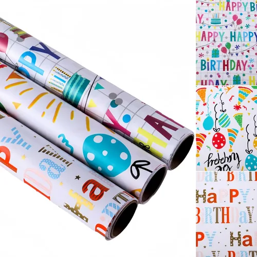 Miniatura 8 de Miss DuiDui Rollo de papel de regalo de feliz cumpleaños, 17 pulgadas x 32.8 pies, texto colorido diseño de feliz cumpleaños, embalaje de regalo