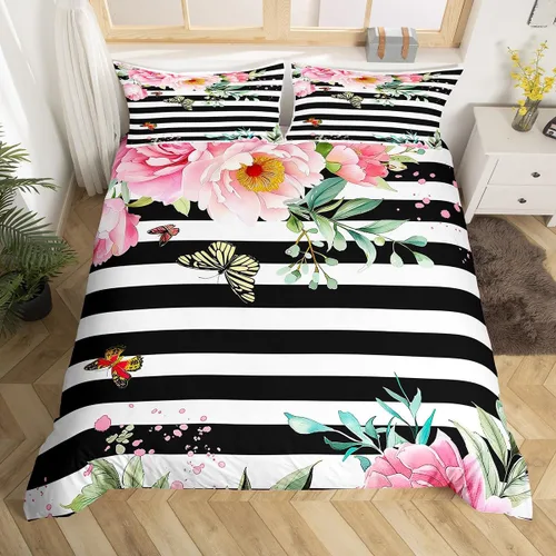 Miniatura 3 de Funda de edredón floral rosa, funda de edredón a rayas blancas y negras, juegos de ropa de cama rosa y negro, rosa con mariposa y hojas, elegante