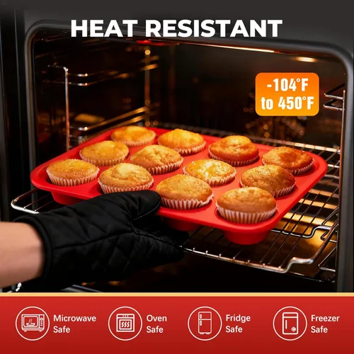 Miniatura 4 de Molde de silicona para muffins para hornear: Molde para muffins de 12 cavidades con marco reforzado de metal, moldes de tamaño regular para cupcakes