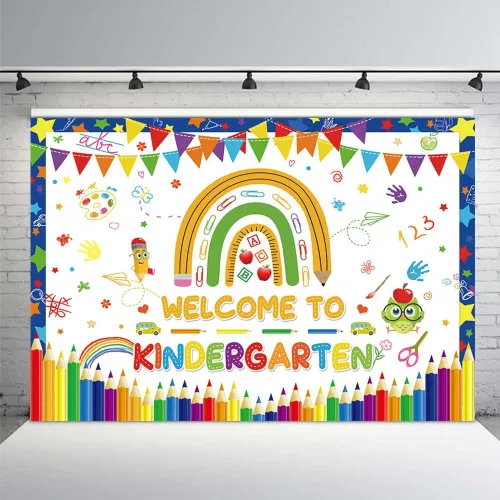 MEHOFOND Cartel de fondo de bienvenida a jardín de infantes de 7 x 5 pies, diseño de arco iris, para regreso a clases, decoración de fiesta de