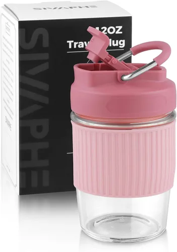 Miniatura 19 de Sivaphe Taza de café reutilizable de vidrio para hielo y caliente 12 oz, taza de viaje portátil con tapa a prueba de derrames y funda térmica