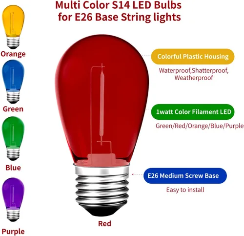 Miniatura 2 de Meconard Paquete de 15 bombillas LED S14 de colores para tira de luces, 1 vatio, de plástico inastillable e impermeable, bombillas de repuesto