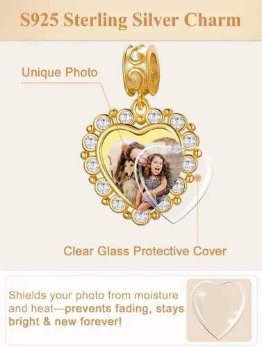 Miniatura 41 de Custom4U Photo Charms for Bracelets 925 Sterling Silver/Gold Plated Heart/Tree of Life/Round Charm Bead Personalized with Picture Custom