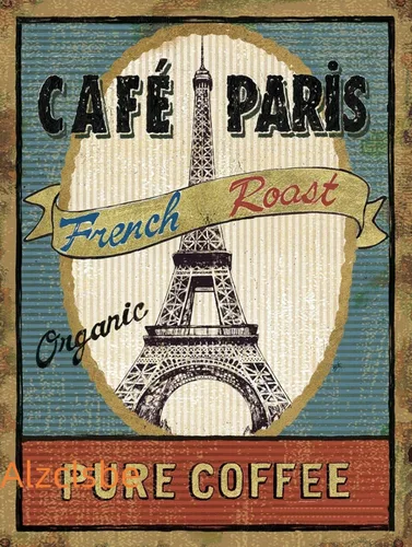 Café de Paris - Letrero de lata de café – Decoración de pared vintage de tostado francés para cocina, bar o café – Placa de metal retro rústica, 12