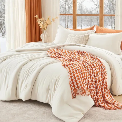 Miniatura 18 de MUXHOMO Juego de edredón beige tamaño individual/individual XL, ropa de cama alternativa ultrasuave para todas las estaciones. El juego de cama