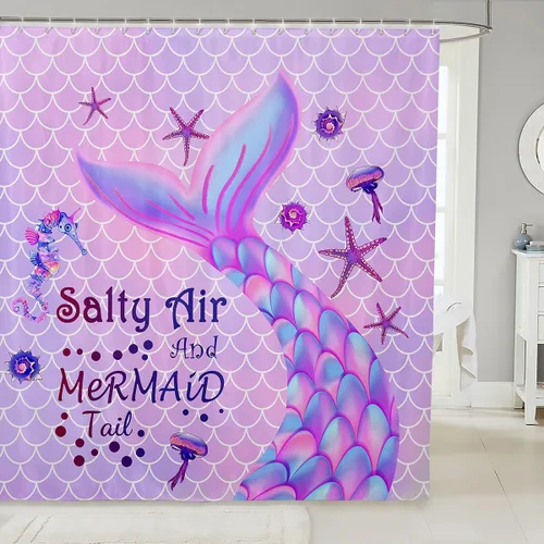 Cortina de ducha infantil para niñas, sirena, cortina de baño de sirena de 72 x 72 pulgadas, cortina de baño con cola de sirena morada, cortina de