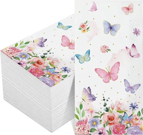100 servilletas de mariposa rosa para fiestas, toallas de papel desechables coloridas para jardín, primavera, verano, flores y mariposas, toallas de