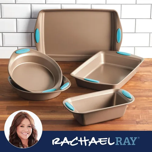 Miniatura 8 de Recipientes para horno Rachael Ray, set de 5 piezas antiadherentes, Azul agave Latte Brown con Puños Azul Agave