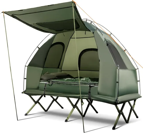 Tangkula Combo de Catre de Tienda 5 en 1 con Toldo, Colchón de Aire, Saco de Dormir, Almohada, Tienda Individual Elevada con Bolsa de Transporte