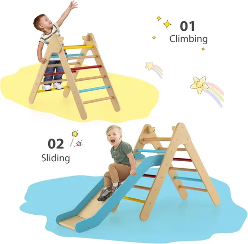 Miniatura 3 de Olakids Conjunto Triángulo Pikler 2 en 1 Juguetes de Escalada para Niños Pequeños Marco de Escalada Plegable de Madera Montessori Gimnasio de Selva