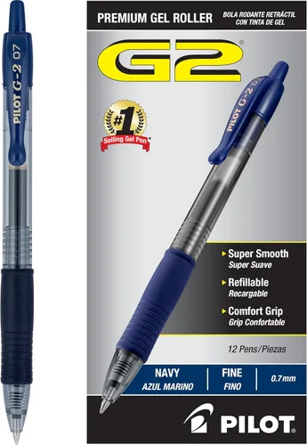 Bolígrafos Pilot G2 Premium de Gel, Punta Fina 0.7 mm, Color Azul Marino, Juego de 12 - Ideal para Escuela, Diario y Escritura en la Oficina