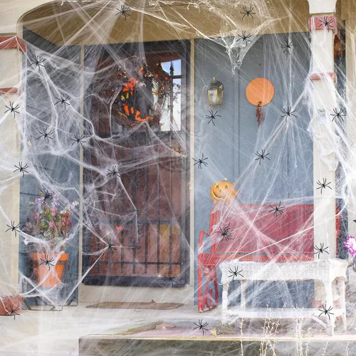 Miniatura 8 de 1000 pies cuadrados de telarañas de Halloween, decoración con 30 arañas falsas, telarañas superelásticas para suministros de fiesta de Halloween