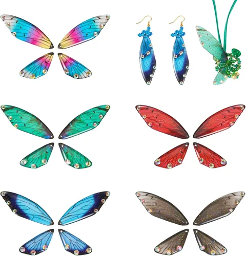 Miniatura 22 de FASHEWELRY 16 aretes de resina con alas de libélula y arco iris, mariposa, colgantes, alas de hada, coloridos dijes con ganchos para aretes, anillos