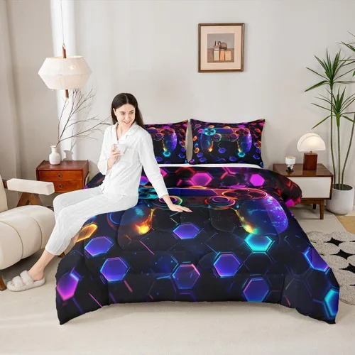 Miniatura 33 de Manfei Juego de edredón moderno de 2 piezas con estampado de consola de videojuegos de panal azul con 1 funda de almohada, juego de ropa de cama