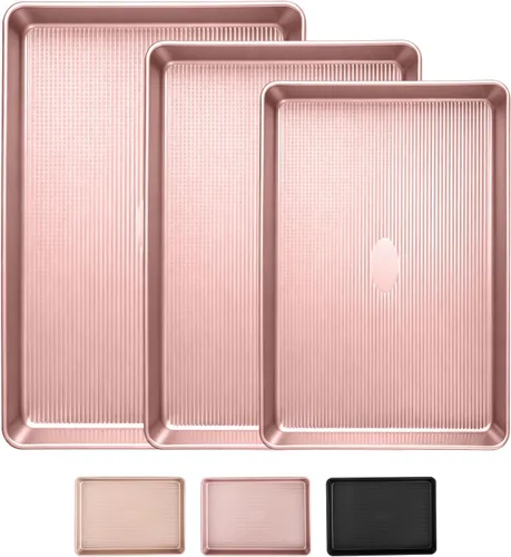 Miniatura 8 de Sakerplus Juego de 3 bandejas antiadherentes para hornear, resistentes para horno con patrón de textura de rayas, 0.024 in de grosor