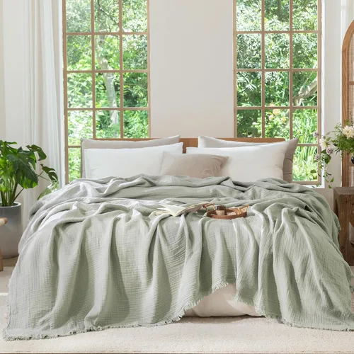 Miniatura 28 de MooMee - Manta de muselina 100% algodón, manta de 4 capas de gasa con borlas, ultra suave, transpirable, ligera y refrescante para cama y sofá Verde