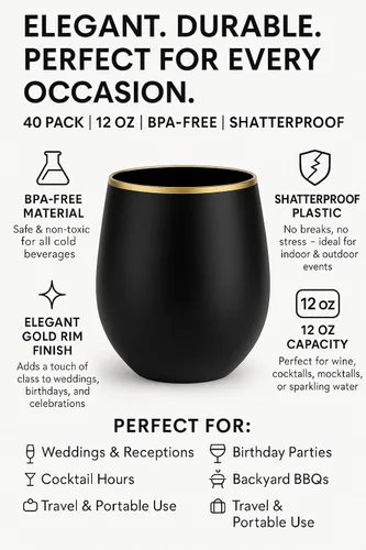 Miniatura 3 de Oojami 40 vasos de 12 onzas irrompibles de plástico sin tallo, para vino, champán, whisky, elegantes, duraderos, desechables, para interiores y negro