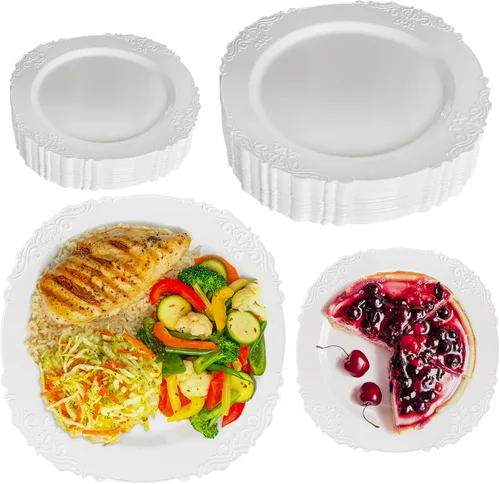 Miniatura 2 de Zlion Juego de platos desechables blancos de 60 piezas, elegante vajilla de plástico para fiestas, bodas, cumpleaños y baby showers, incluye platos