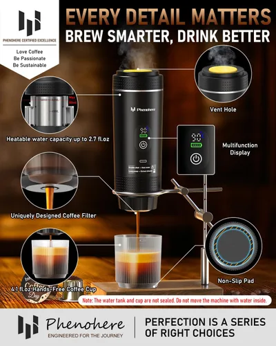 Miniatura 4 de Máquina de café espresso eléctrica portátil 6 en 1, cafetera de camping autocalentable de 20 bar con batería de 7500 mA, pantalla, compatible
