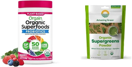 Orgain Polvo de verduras orgánicas con 50 superalimentos + Amazing Grass Super Greens Booster con hierba de trigo, col rizada y espirulina