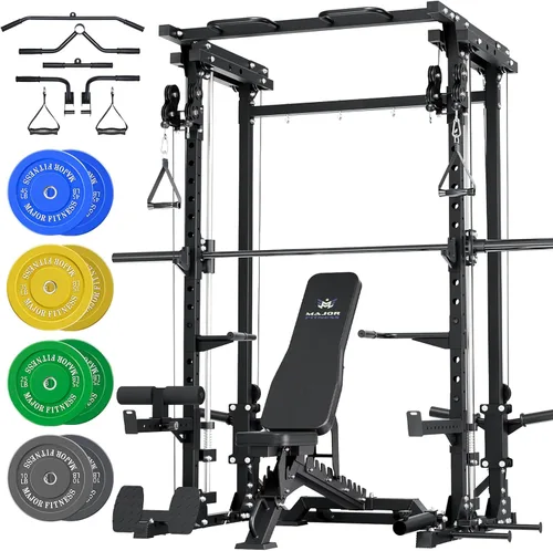 Miniatura 11 de MAJOR FITNESS Drone3 Smith Machine, 2500 libras todo en uno para gimnasio en casa con sistema de polea doble para cable cruzado, barras de dominadas