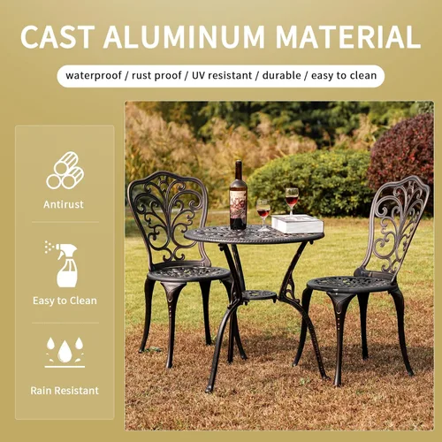 Miniatura 7 de Juego de mesa y sillas de patio para exteriores de 3 piezas, para todo tipo de clima, juegos de bistró de aluminio fundido con agujero