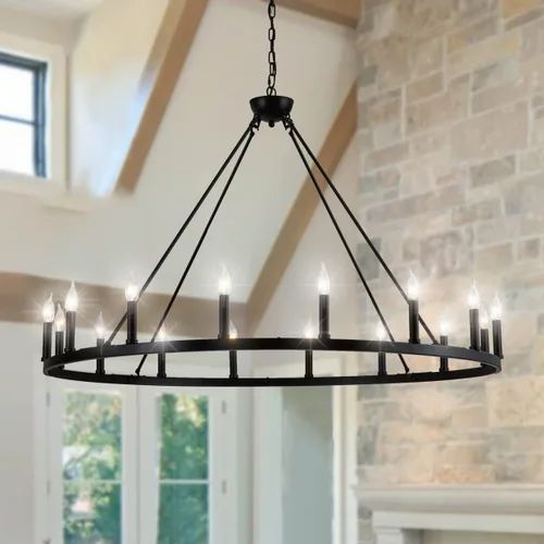 16-luz Candelabro negro con rueda de vagón grande de granja, iluminación rústica redonda, lámpara de granja