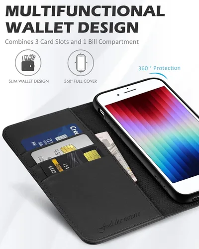 Miniatura 3 de SHIELDON Funda para iPhone SE 2022/SE 2020, tarjetero de piel auténtica, soporte magnético, funda de protección a prueba de golpes, compatible