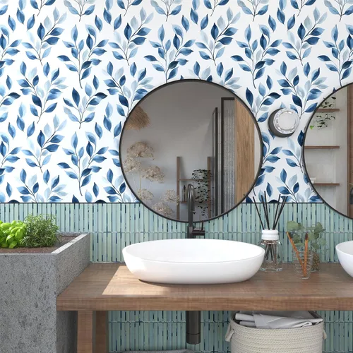 Miniatura 5 de Papel Tapiz Despegable de Hojas Azules Boho, Diseño de Hojas Azules Moderno Vinilo Autoadhesivo Papel de Contacto Casual Estilo Granja para Cajón