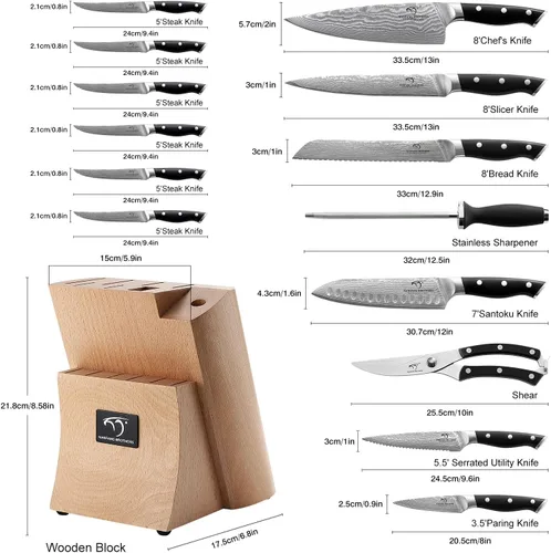 Miniatura 2 de NANFANG BROTHERS Juego de cuchillos de cocina de Damasco de 15 piezas con acero de Damasco japonés de 67 capas, mango ergonómico ABS para juego