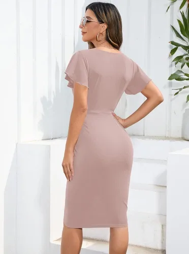 Miniatura 3 de Machico - Vestido sexy para mujer, diseño con cuello en V cruzado, manga con volantes, fruncido, ceñido al cuerpo, para cóctel, fiesta, trabajo
