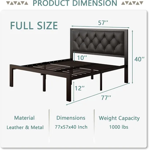 Miniatura 2 de Feonase Marco de cama de metal tamaño doble con cabecera capitoné de cuero sintético con botones, marco de cama tipo plataforma resistente